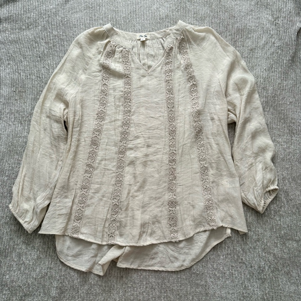 Per Se 2X Boho Lace Trim Blouse Cream Peasant Top Plus Size